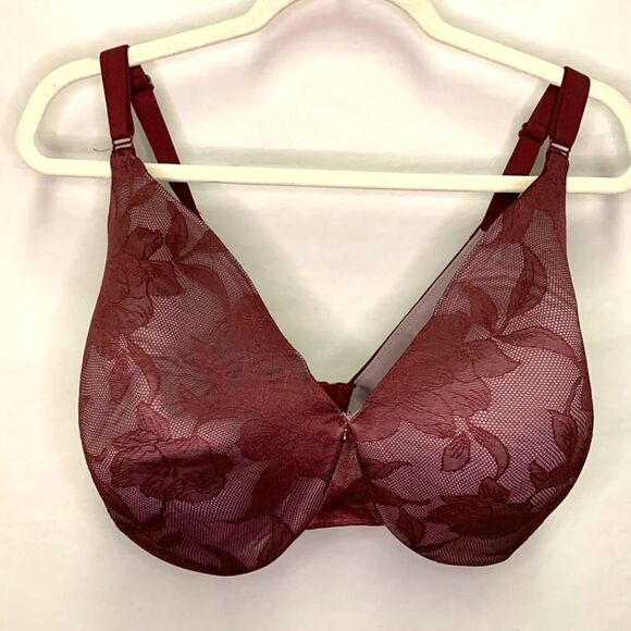 Cacique Burgundy Lace Backsmoother Lined Full Coverage Underwire Bra 44H - Picture 2 of 10